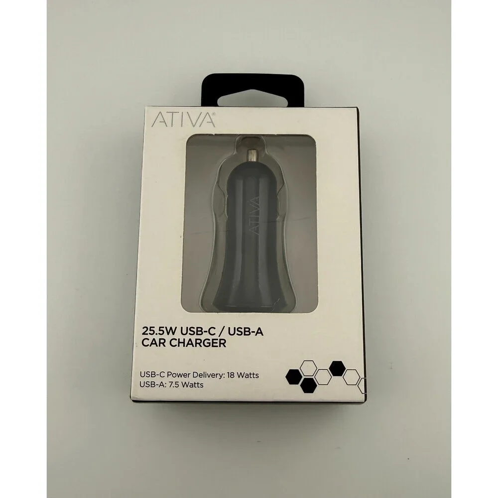 NEW Ativa Black Fast 18W Power Delivery Adapter 25.5W USB-C / USB-A Car Charger
